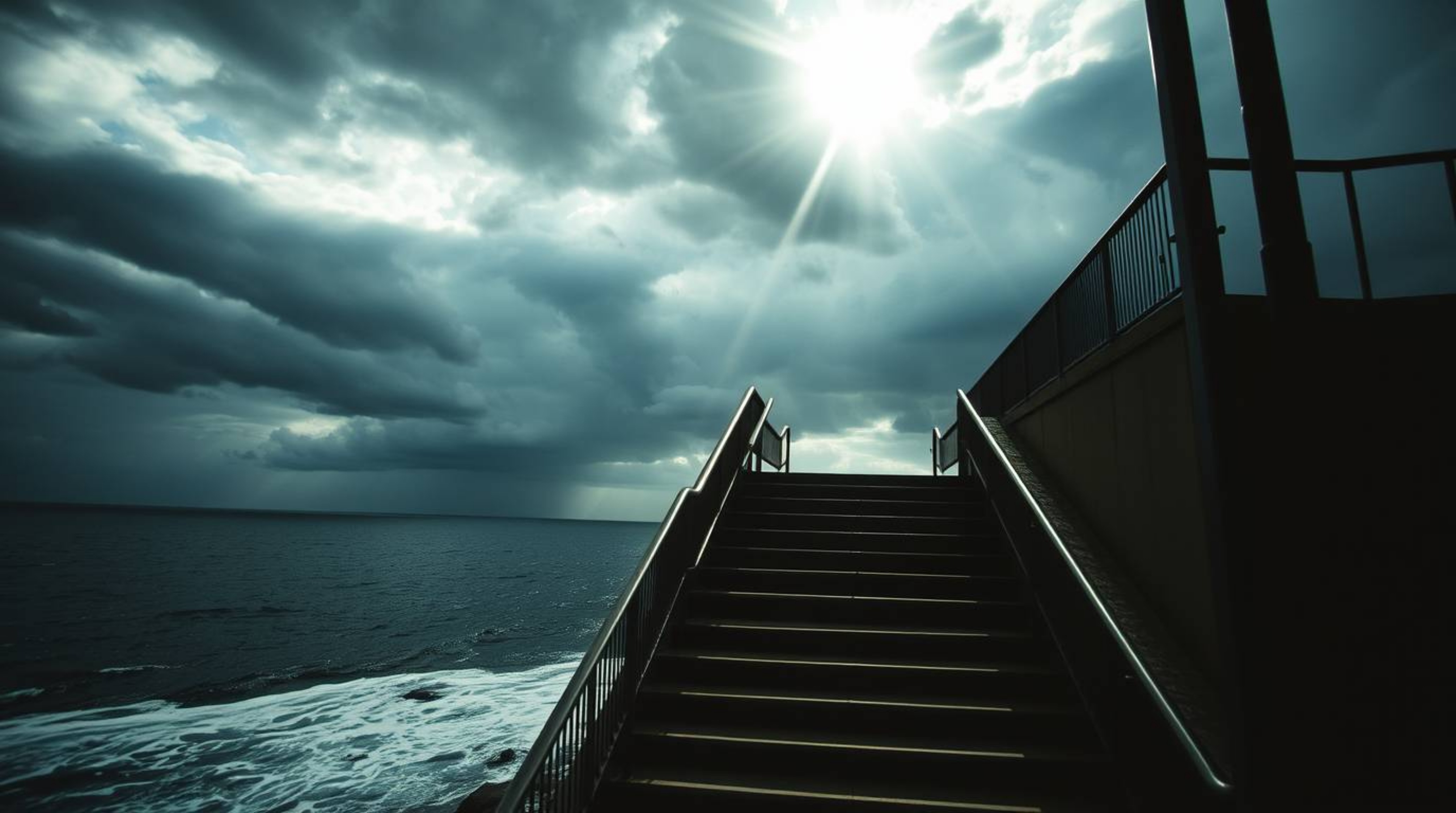 A breathtaking candid street photography scene captures a dramatic staircase emerging from the ocean and ascending into a sto
