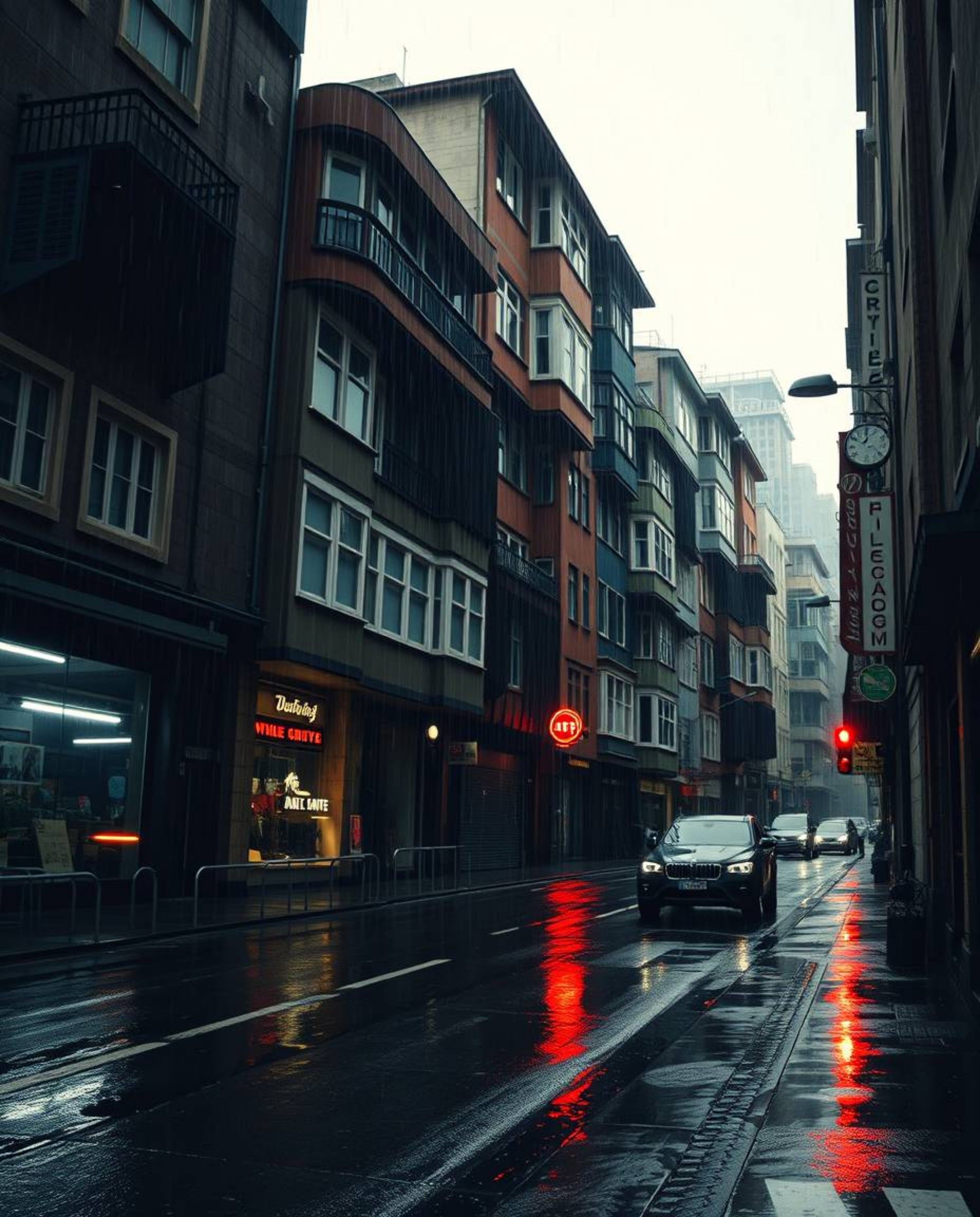 A moody, surreal street scene unfolds with buildings twisting and folding in a wet, rainy environment. Drizzling rain creates