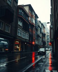 A moody, surreal street scene unfolds with buildings twisting and folding in a wet, rainy environment. Drizzling rain creates