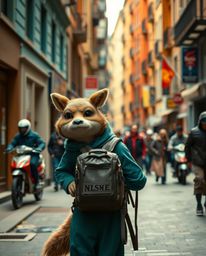 Capture spontaneous moments of a captivating urban journey featuring a talking animal sidekick assisting a hero.  This street