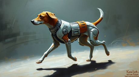 This artwork depicts a futuristic dog confidently walking in space, rendered in the classic style of oil painting. The rich t
