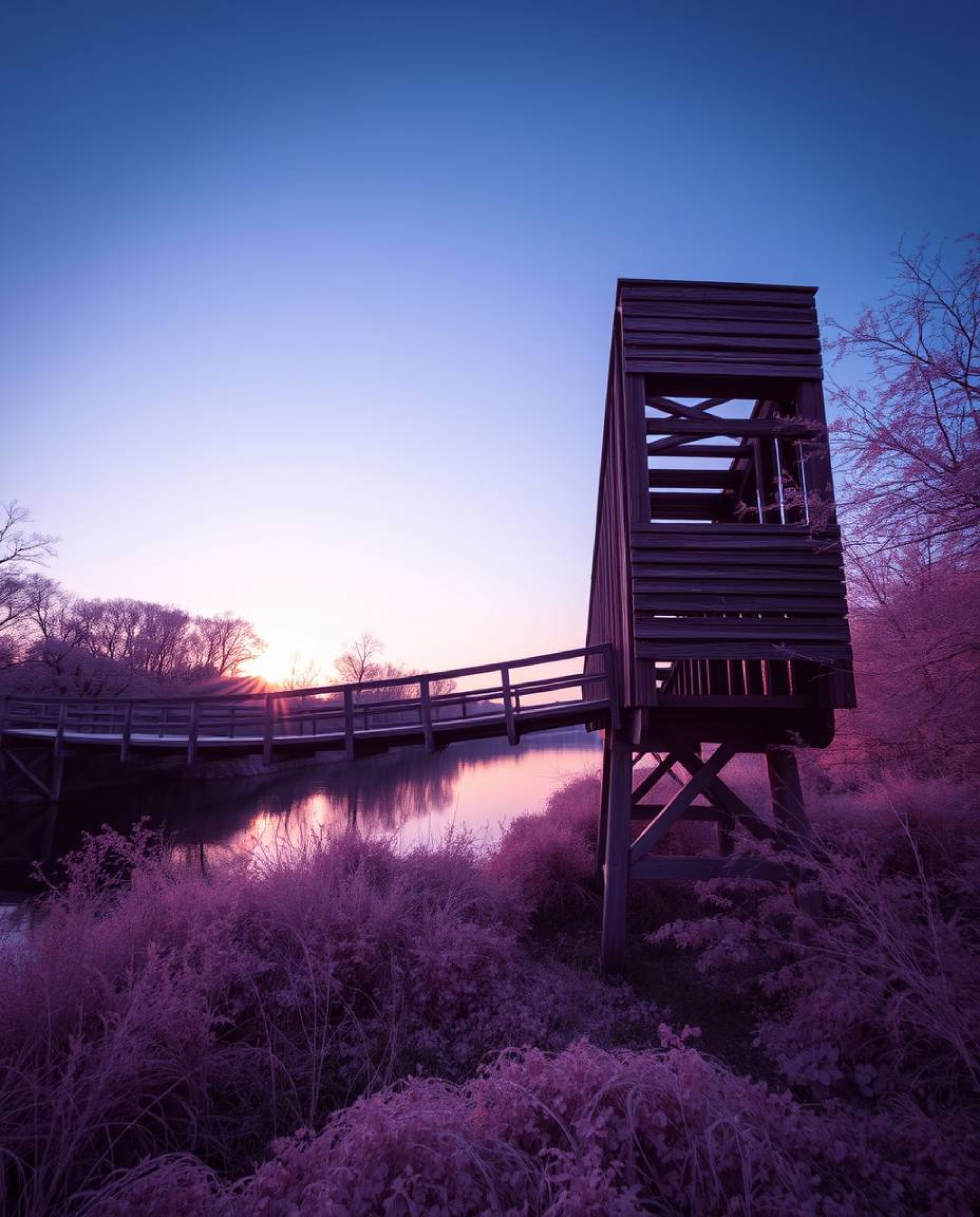 A surreal, infrared photograph captures an old wooden bridge over a river at sunset. The use of infrared tones lends the scen