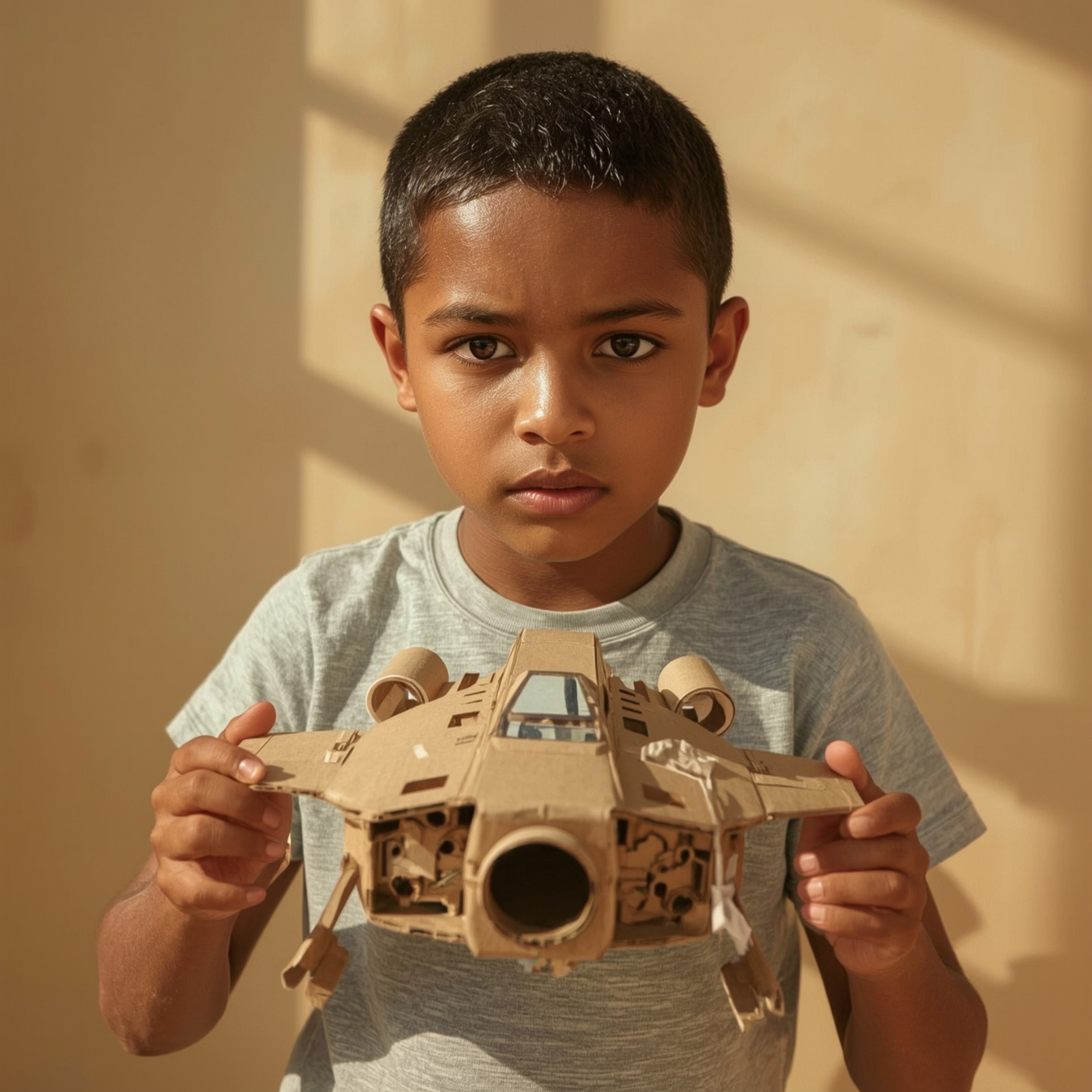 Exquisite high-fashion photography captures a bright-eyed boy meticulously crafting a cardboard spaceship that magically come