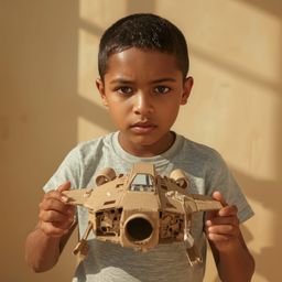Exquisite high-fashion photography captures a bright-eyed boy meticulously crafting a cardboard spaceship that magically come