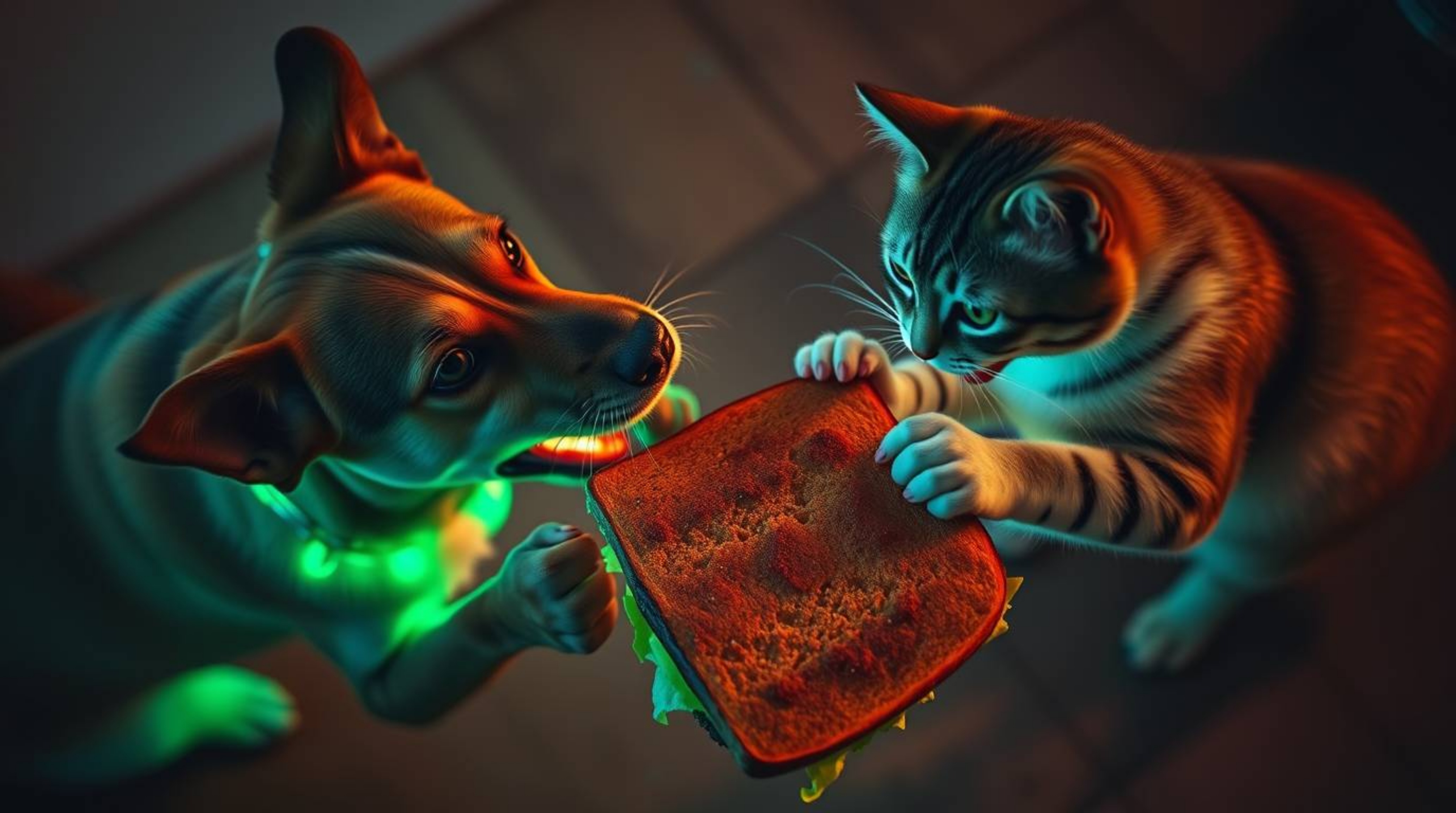 A captivating high-angle shot depicts a hilarious battle between a cat and a dog over an enormous sandwich, radiating an othe