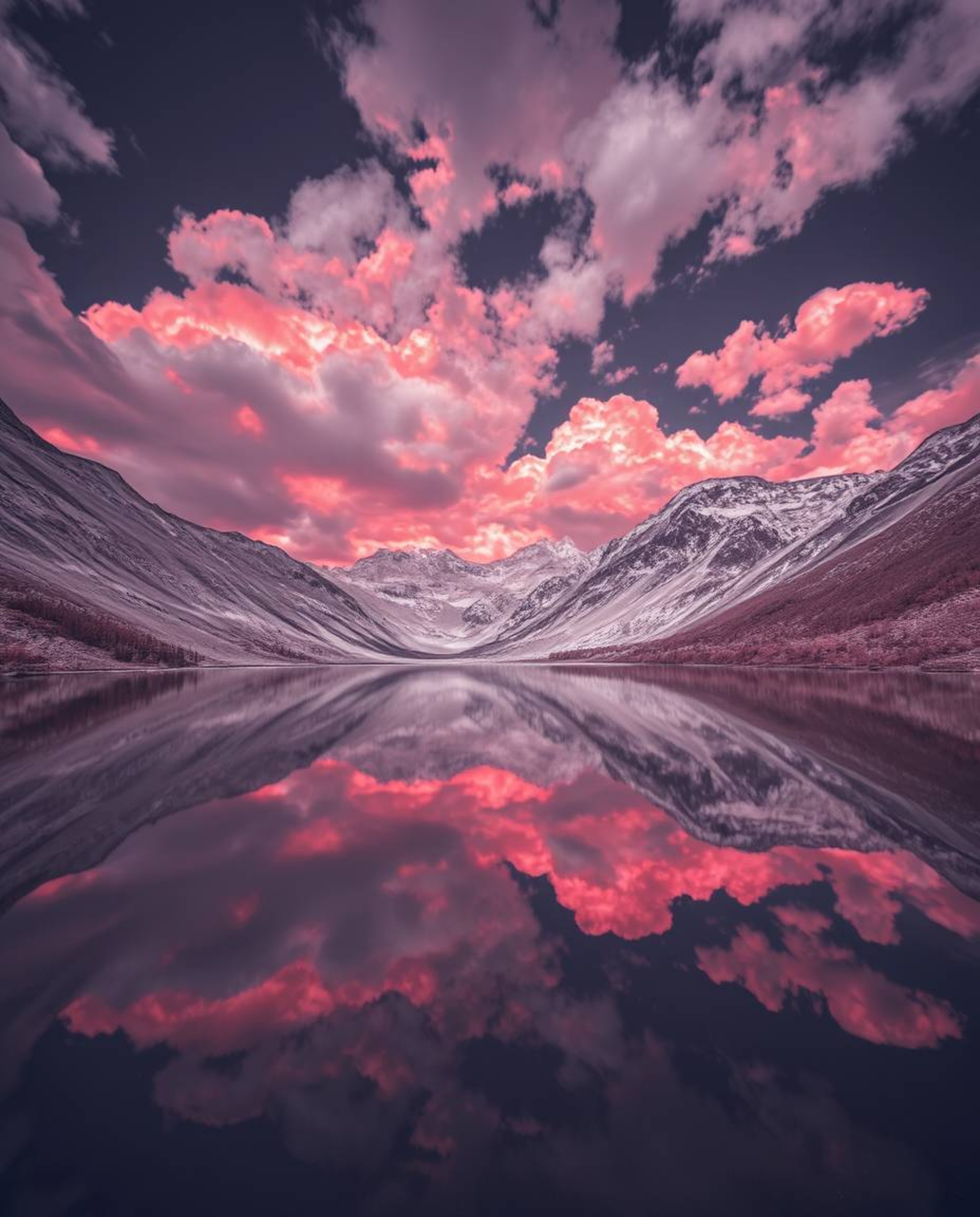 A surreal infrared photograph captures the reflections of fiery clouds in a mountain lake. Shot in the infrared spectrum, the