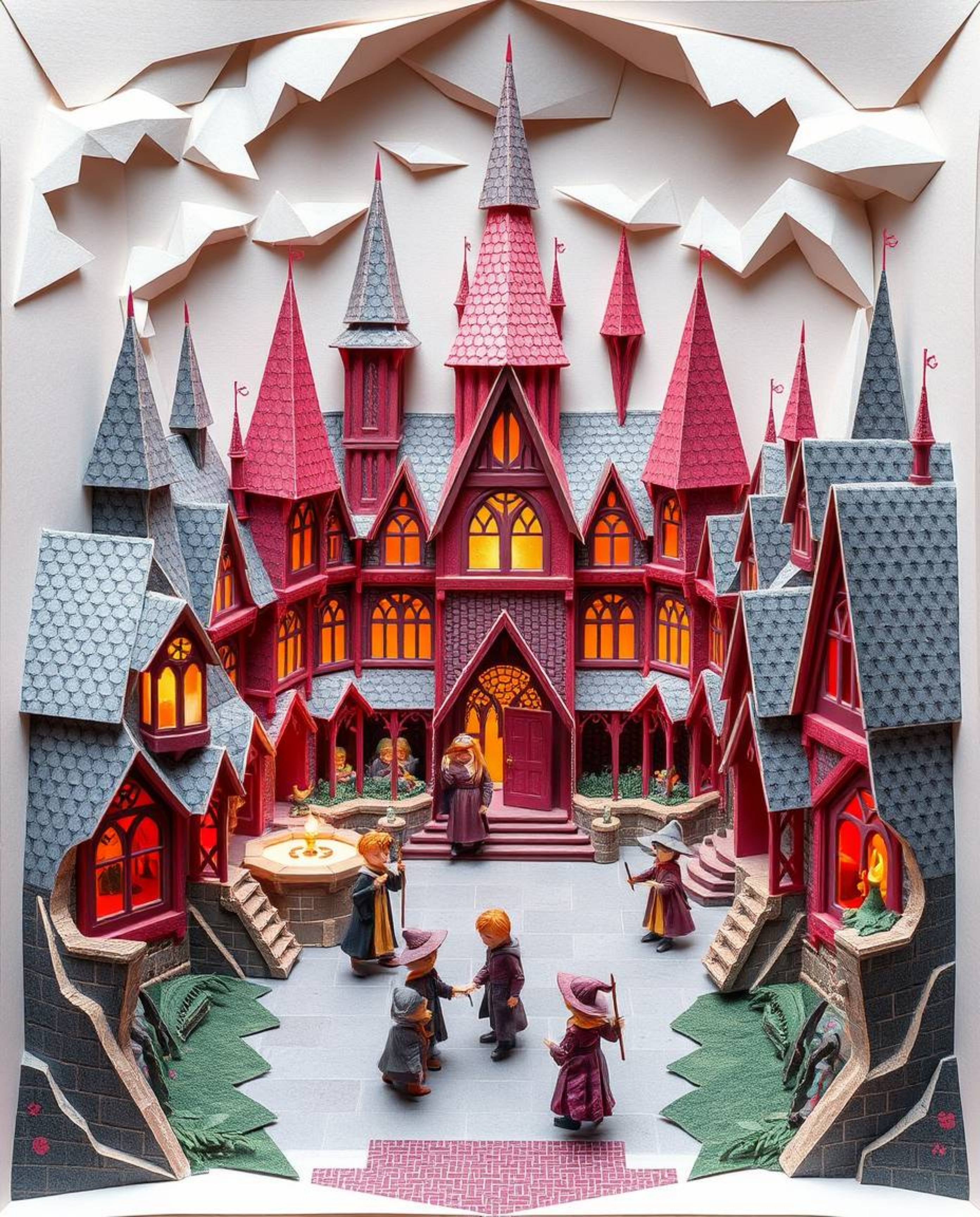 Explore a captivating illustration of a magical school brimming with young wizards, crafted in an intricate origami style. Th
