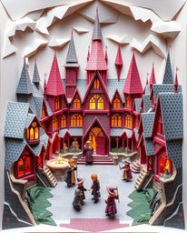 Explore a captivating illustration of a magical school brimming with young wizards, crafted in an intricate origami style. Th