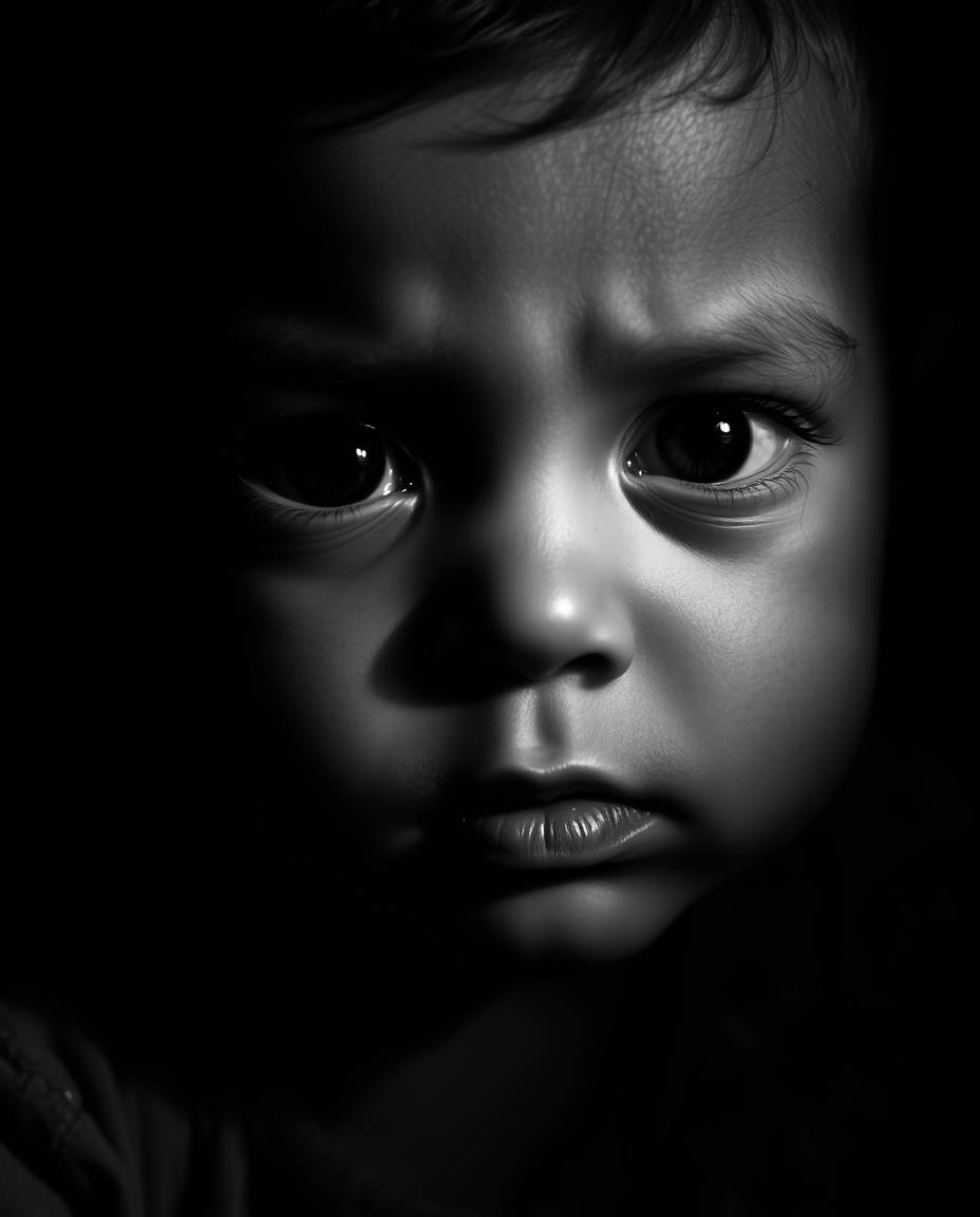 Discover captivating imagery: a timeless black and white close-up portrait of a child, showcasing dramatic chiaroscuro lighti
