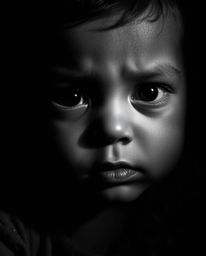 Discover captivating imagery: a timeless black and white close-up portrait of a child, showcasing dramatic chiaroscuro lighti