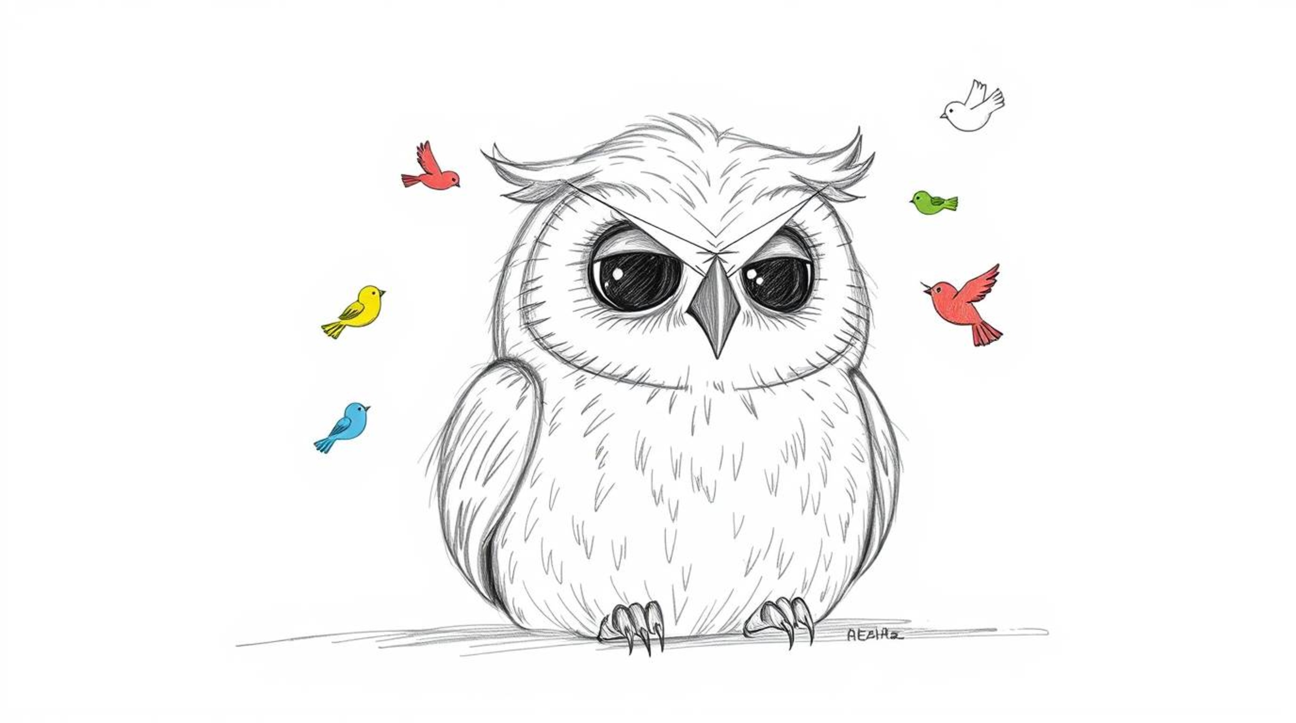 A captivating hand-drawn pencil sketch, reminiscent of Pixar's signature style, depicts a wise, blind owl with a serene expre