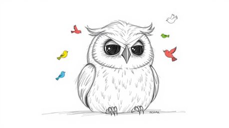 A captivating hand-drawn pencil sketch, reminiscent of Pixar's signature style, depicts a wise, blind owl with a serene expre