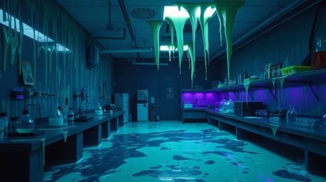 Explore a dramatic cinematic vision of a slime-covered science lab, rendered in cool blues, greens, and purples with film-lik