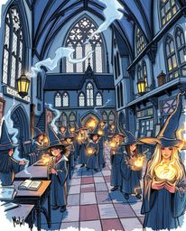 A vibrant color sketchnote depicts a magical school teeming with young wizards. This hand-drawn sketch captures the essence o