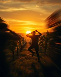 This dynamic, high-contrast image captures a sunset over a vineyard under intense, dramatic lighting. The composition conveys