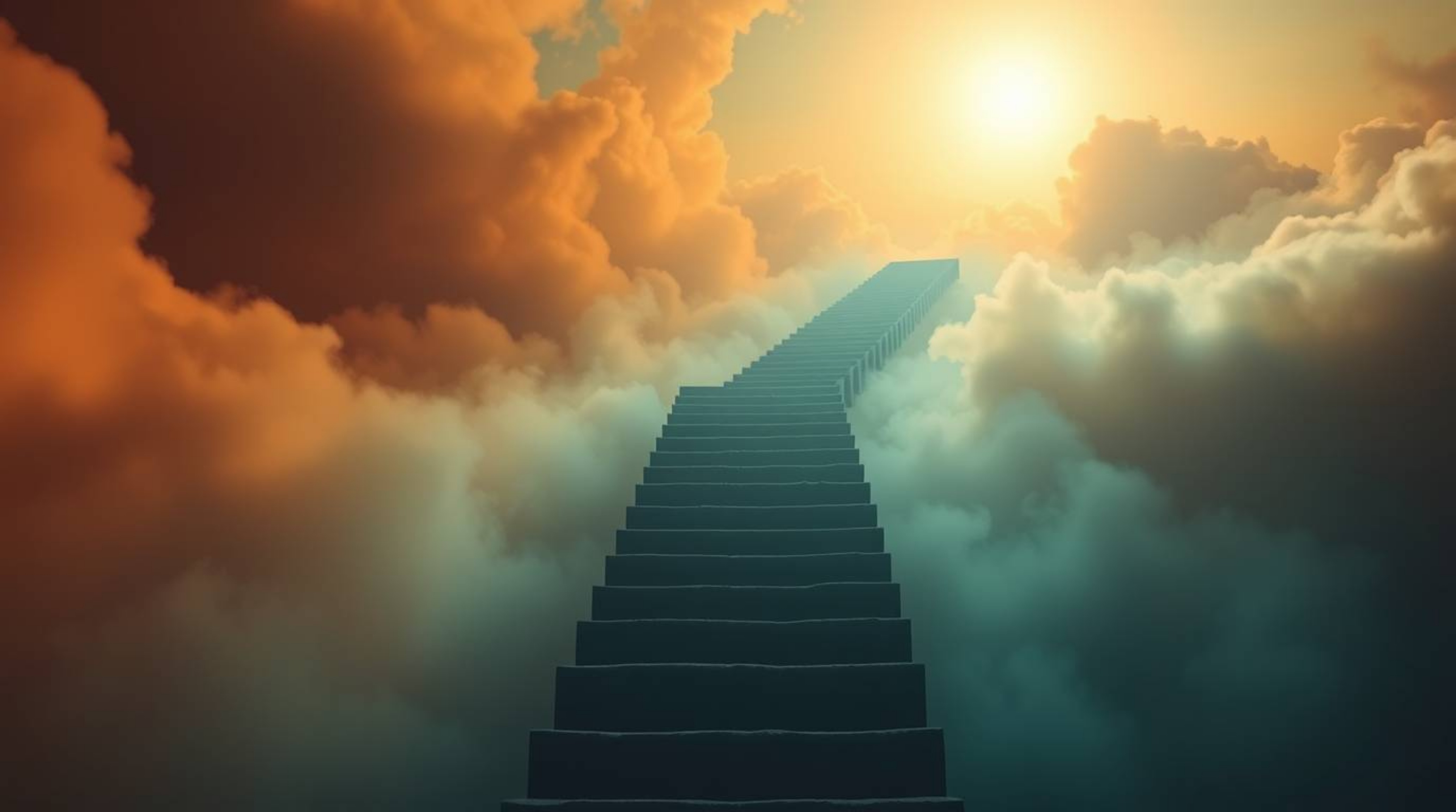 A surreal stairway ascends through smoky clouds toward a bright celestial light, symbolizing spiritual awakening. Bathed in w