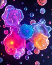 Immerse yourself in an overhead, futuristic sci-fi bird's-eye view featuring floating 3D blobs of vibrant, colorful fluid jel