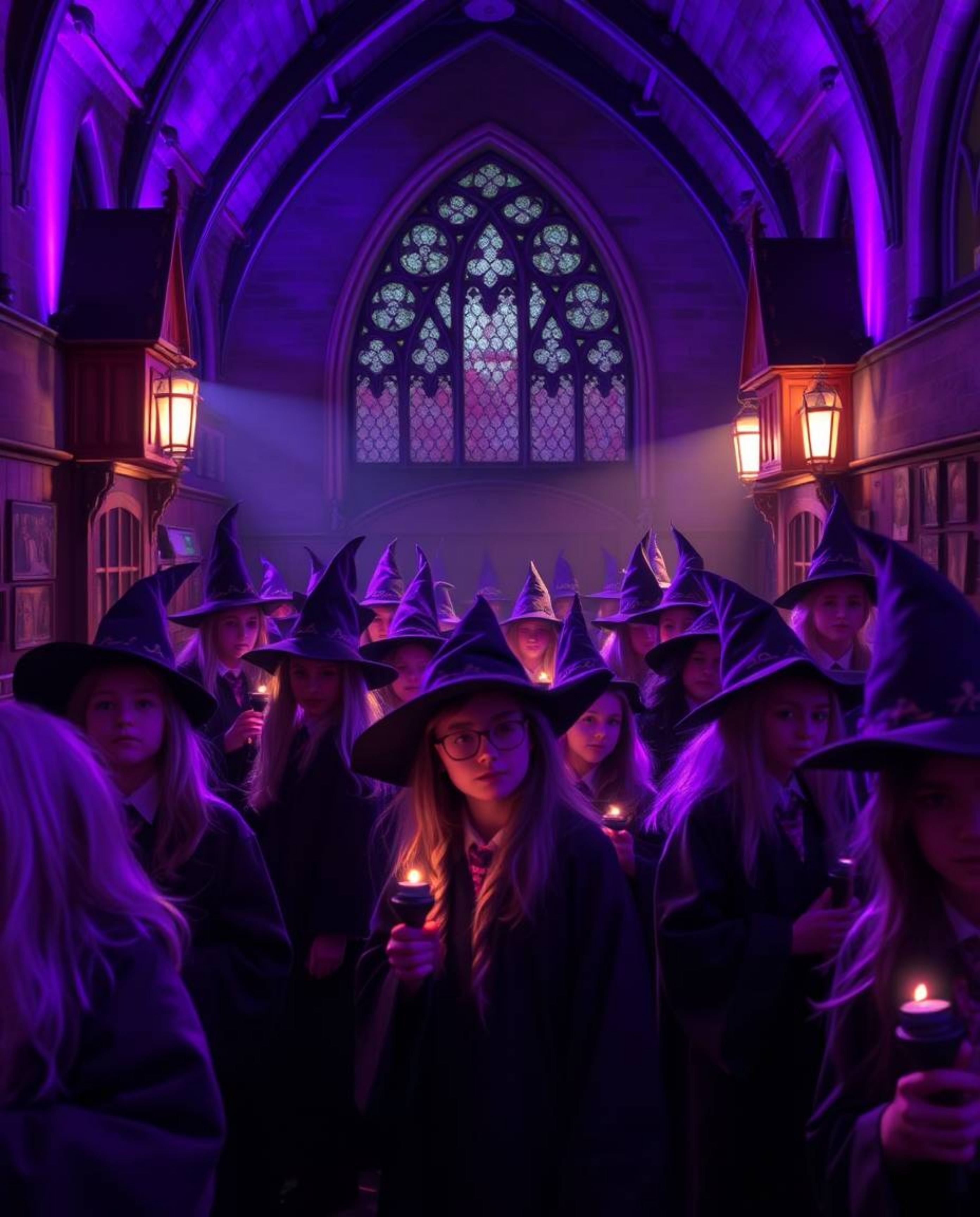Discover a captivating magical school brimming with young wizards, bathed in a mesmerizing blend of soft light and deep ultra