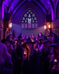 Discover a captivating magical school brimming with young wizards, bathed in a mesmerizing blend of soft light and deep ultra