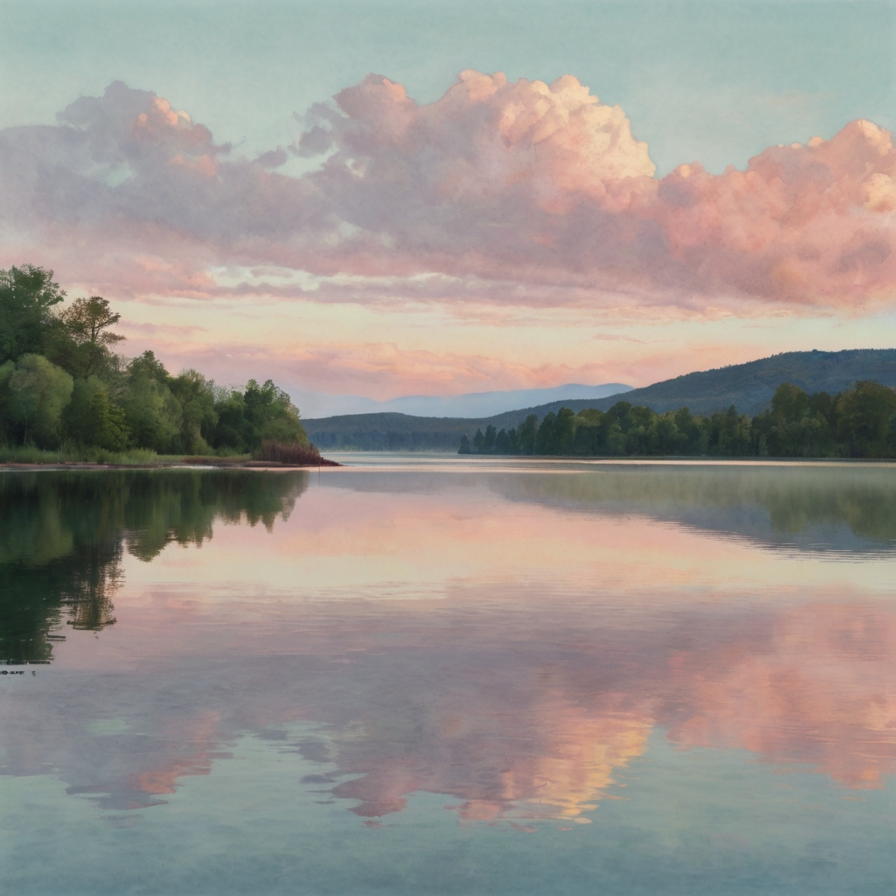 This watercolor painting captures the serene beauty of a tranquil lake. Soft pastel skies are reflected in the calm water, cr