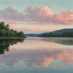 This watercolor painting captures the serene beauty of a tranquil lake. Soft pastel skies are reflected in the calm water, cr