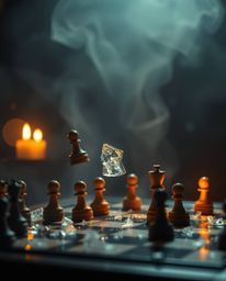 An ethereal image depicting a chessboard with pieces suspended mid-air in a moment of frozen destruction.  Warm candlelight a