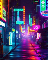 Immerse yourself in a pixelated cyberpunk world with this glitch art image. Neon haze illuminates a futuristic street filled 
