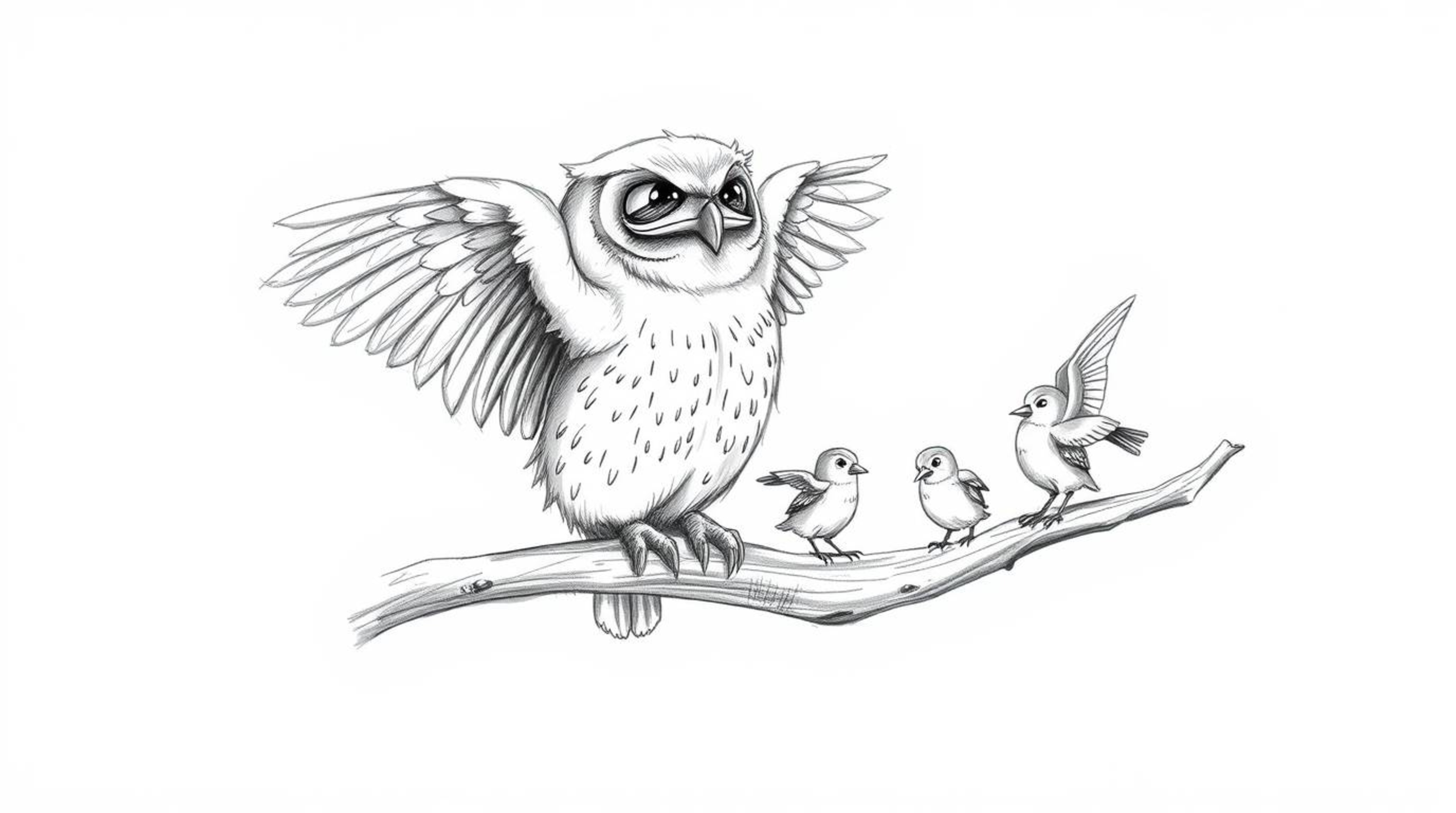 A heartwarming hand-drawn sketch in the style of Pixar depicts a blind owl, rendered with soft, feathery textures, perched on