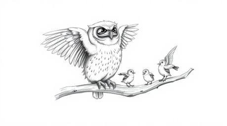 A heartwarming hand-drawn sketch in the style of Pixar depicts a blind owl, rendered with soft, feathery textures, perched on