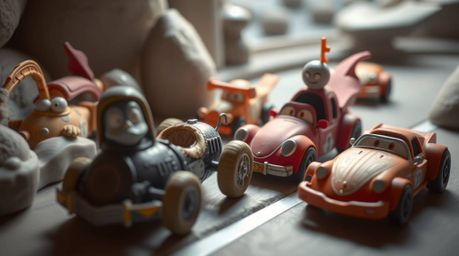 Experience a vibrant and whimsical racing scene featuring uniquely sculpted clay cars.  The image boasts soft, diffused light