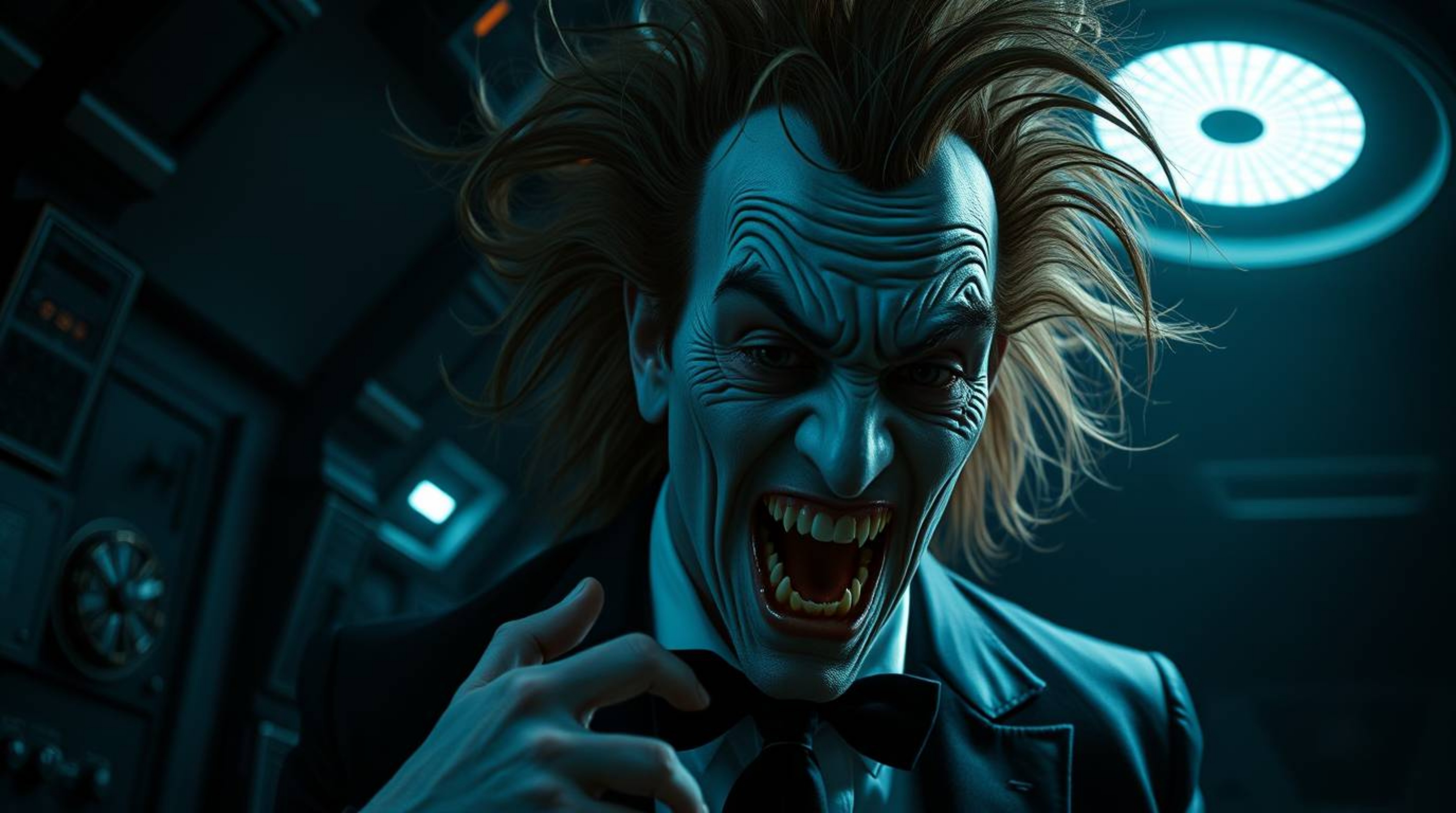 High-resolution stock photo showcasing a commercial-quality image of a villain with exaggerated features, pale skin, and wild