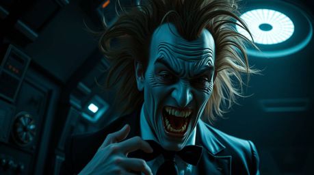 High-resolution stock photo showcasing a commercial-quality image of a villain with exaggerated features, pale skin, and wild