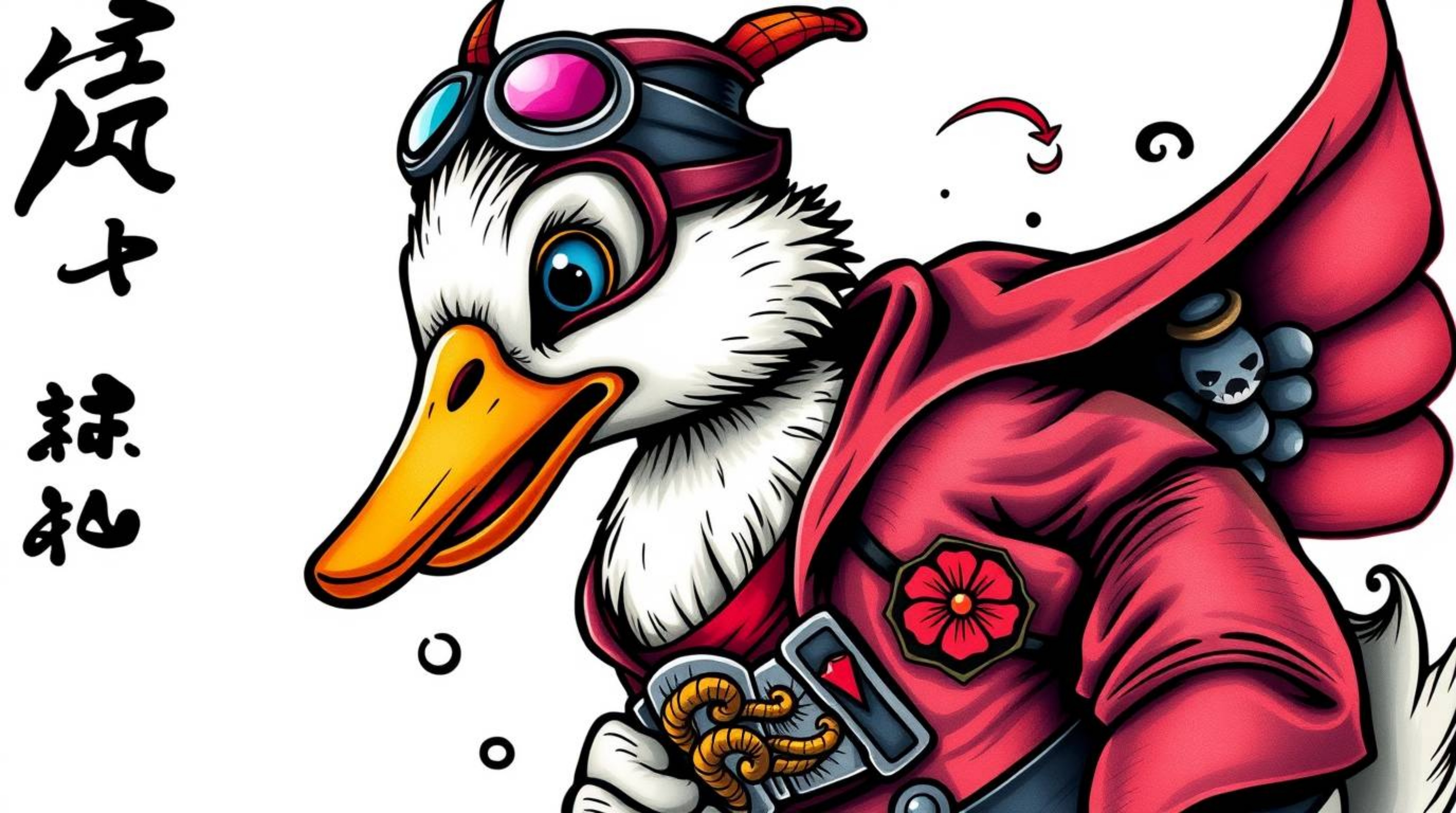 This art print showcases a traditional tattoo design featuring a duck dressed in a zany superhero costume. The vibrant colors