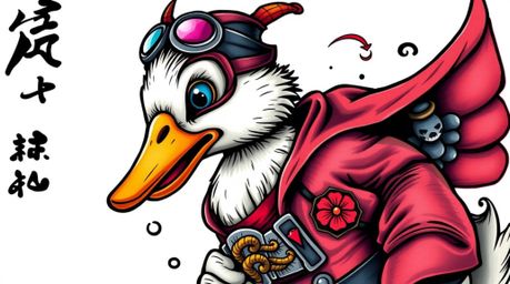 This art print showcases a traditional tattoo design featuring a duck dressed in a zany superhero costume. The vibrant colors
