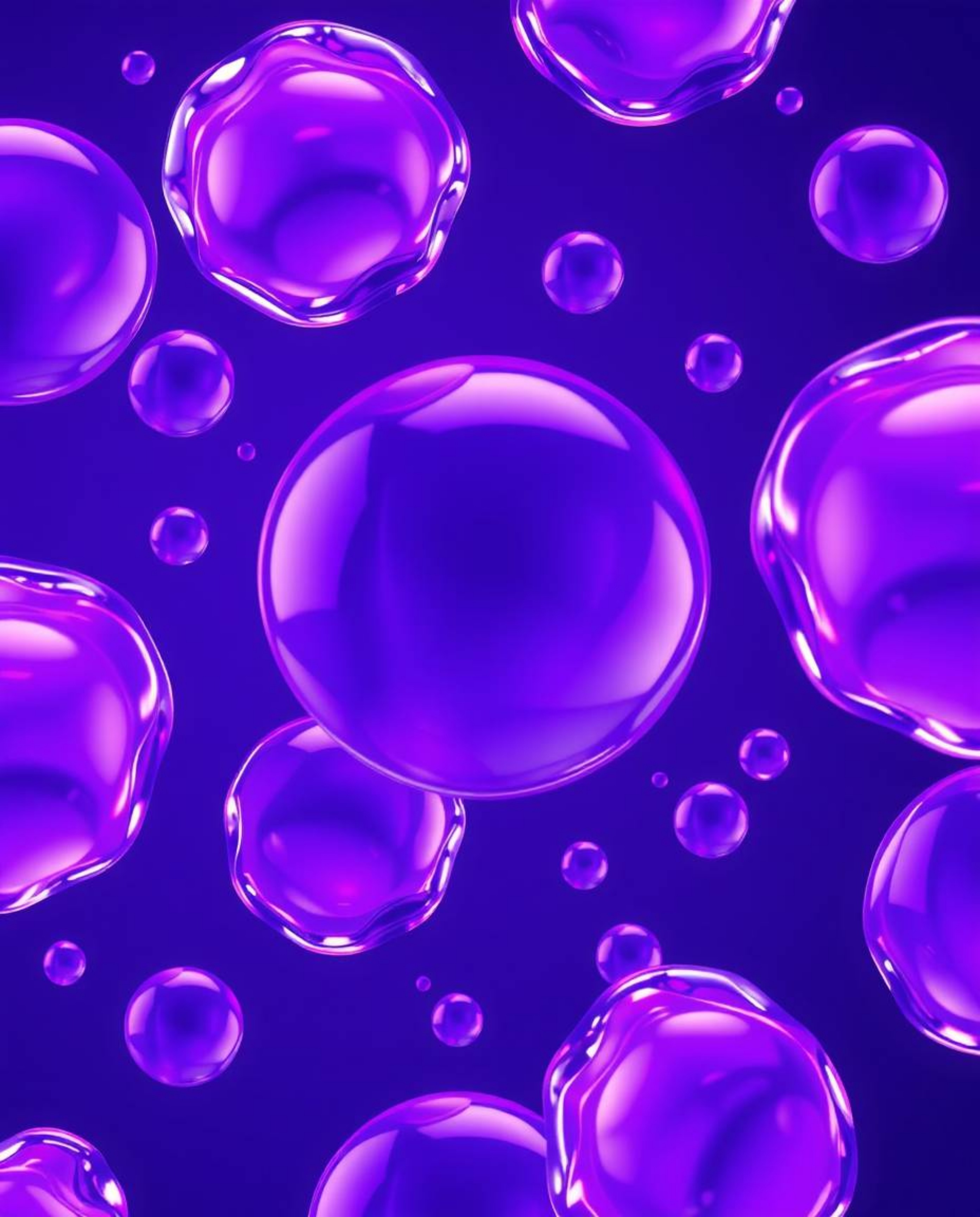 Immerse yourself in an elegant illustration featuring floating 3D blobs of fluid jelly rendered in deep ultraviolet hues. Thi