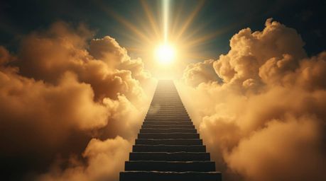 A surreal image depicts a stairway ascending through smoky clouds towards a celestial light, symbolizing spiritual awakening.