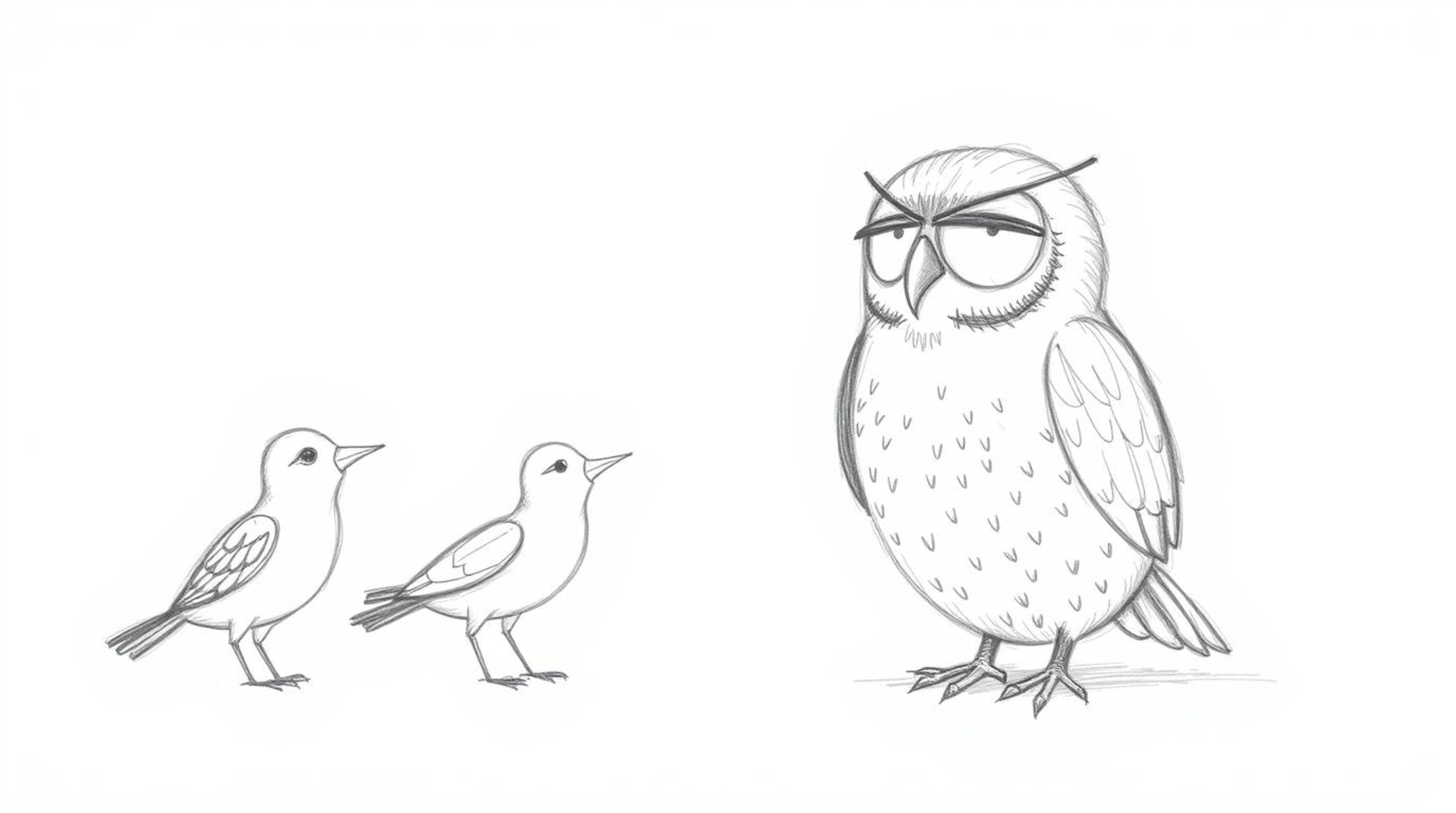 A heartwarming, hand-drawn pencil sketch in a Pixar style depicts a patient, blind owl guiding birds as they sketch their dre