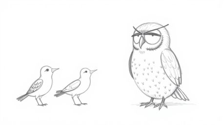 A heartwarming, hand-drawn pencil sketch in a Pixar style depicts a patient, blind owl guiding birds as they sketch their dre
