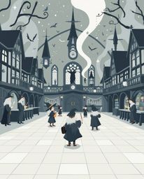 Explore a magical school teeming with young wizards, rendered in a captivating classic black and white modern flat design. Th