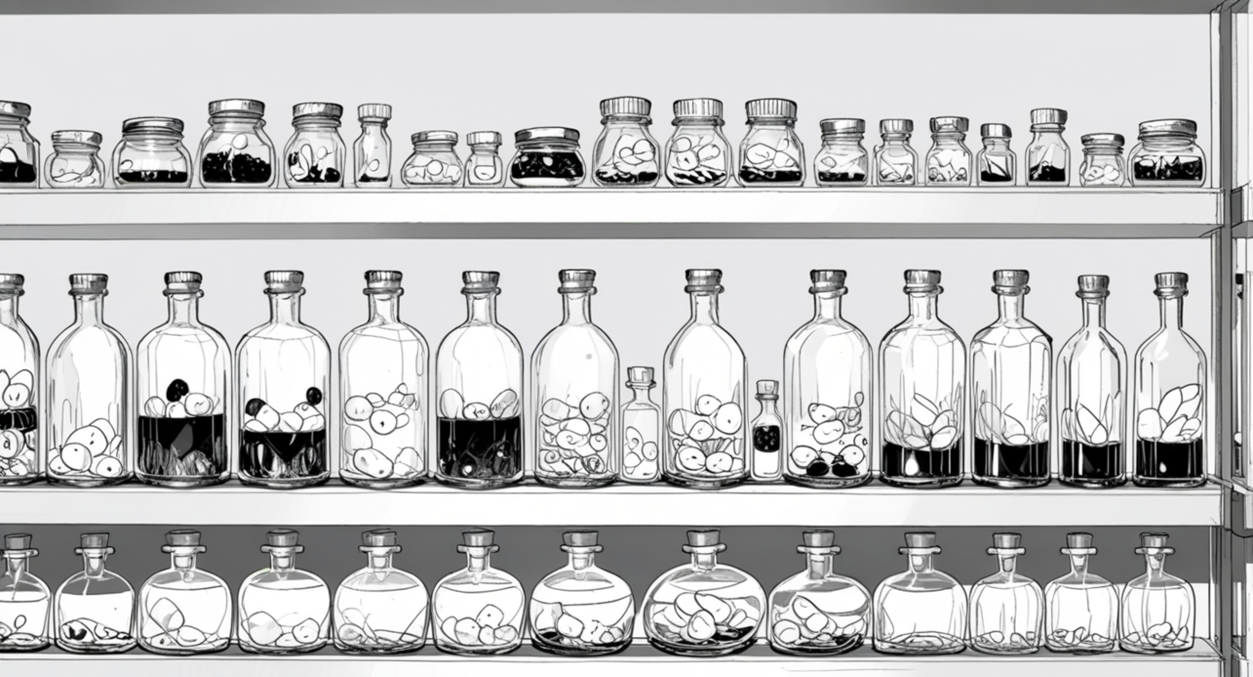 A curated collection of glass bottles filled with various types of oil, neatly arranged on a kitchen shelf. This setup is bot