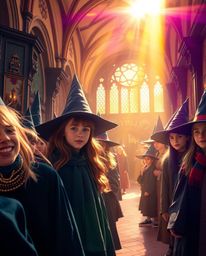An elegant magical school filled with young wizards is bathed in the glow of a bright lens flare, showcasing refined features
