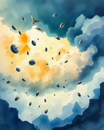 Explore a delicate watercolor painting that captures the essence of a surreal storm.  Witness flying objects and the disorien