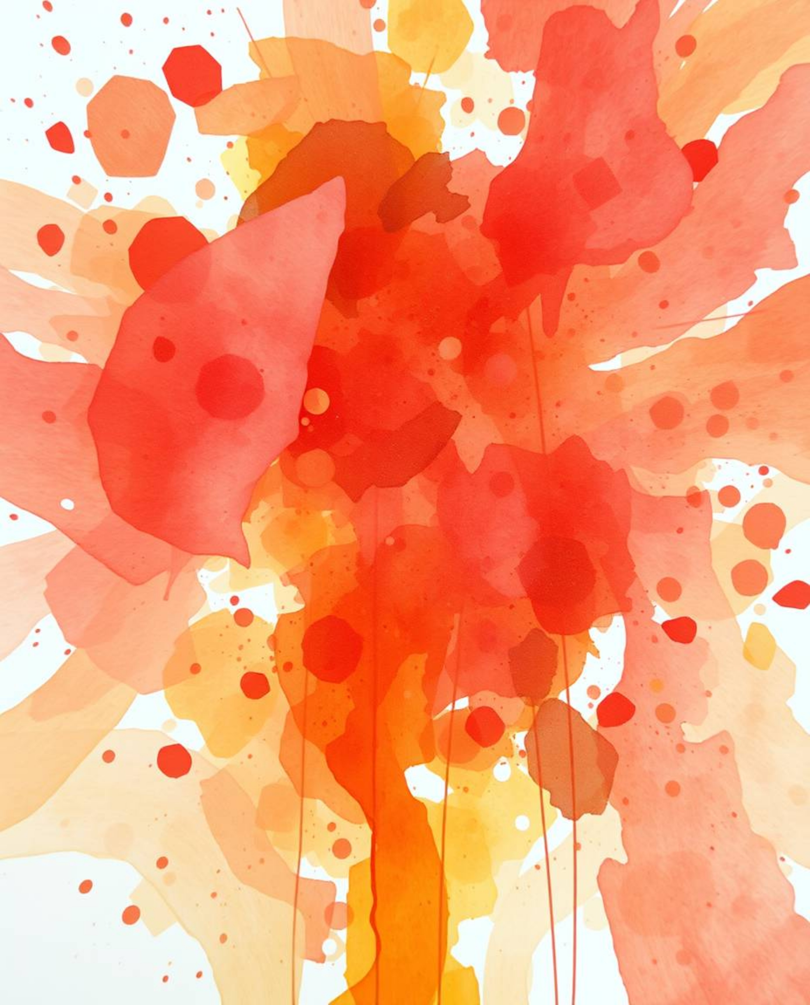 This vibrant watercolor painting captures a chaotic harmony of reds, oranges, and yellows.  The sharp focus on the subject co