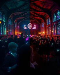 Experience a cinematic split-screen view of a magical school brimming with young wizards, all bathed in vibrant, bioluminesce