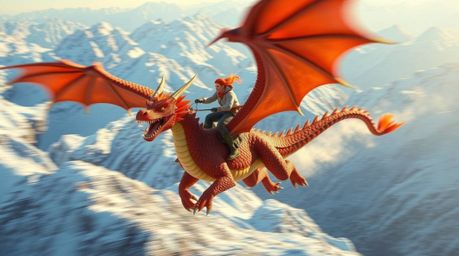 A dynamic artwork depicting a dragon and its rider soaring above icy mountains.  The piece showcases vibrant colors and energ