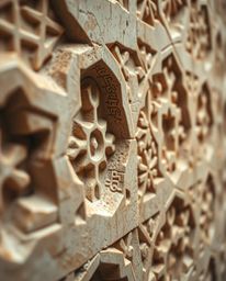 This fine art photograph captures a tight close-up of Islamic geometric patterns meticulously carved in stone. The image high
