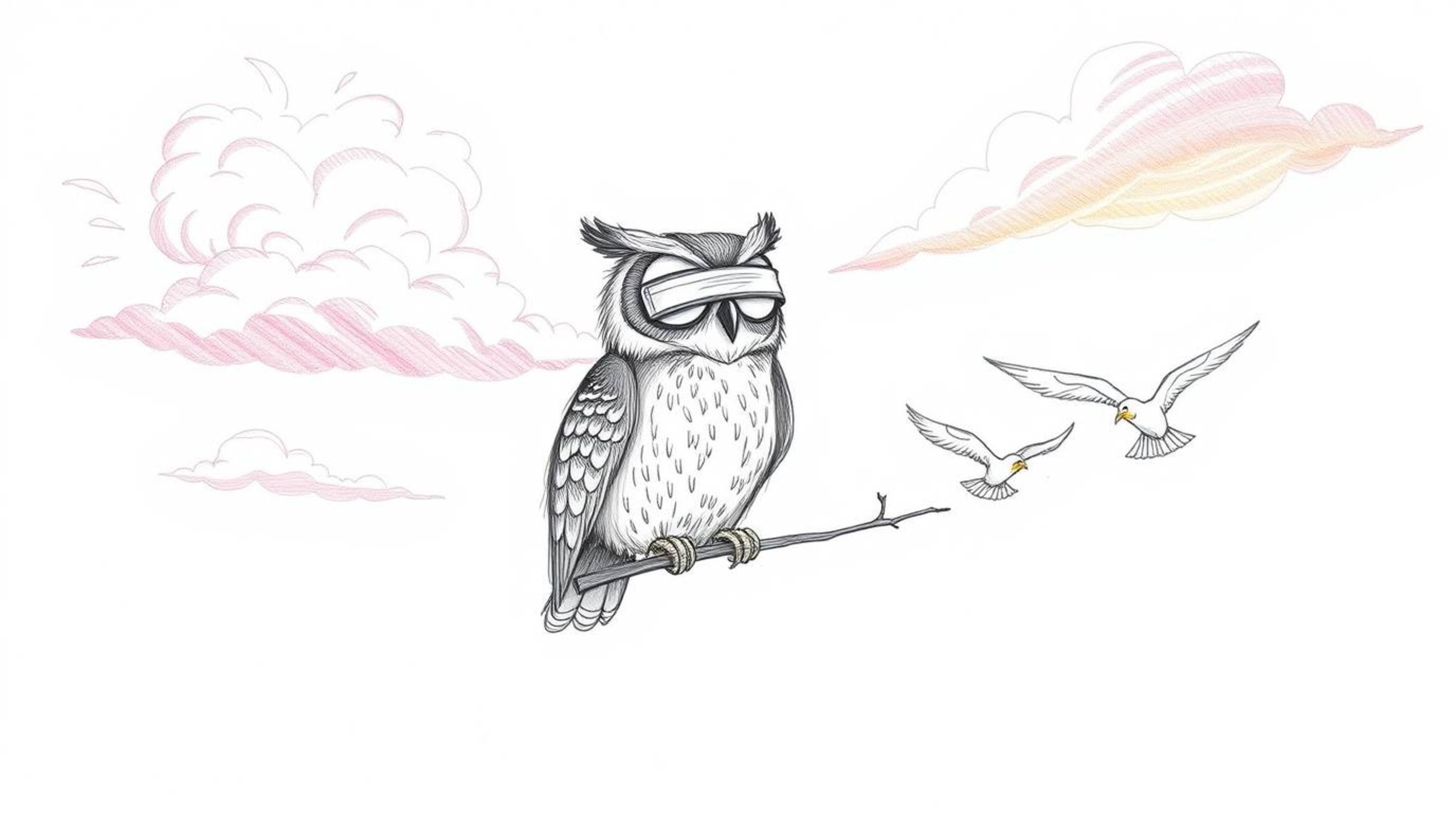 A charming, hand-drawn sketch depicts a blind owl with textured pencil strokes, patiently instructing a group of birds in fli
