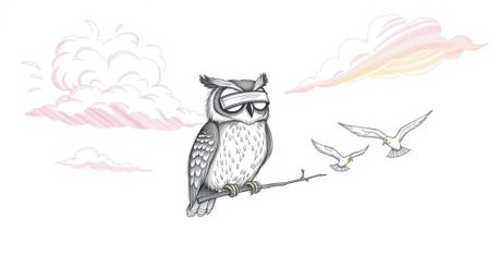 A charming, hand-drawn sketch depicts a blind owl with textured pencil strokes, patiently instructing a group of birds in fli
