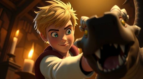 A captivating image depicting a charming prince with rosy cheeks and tousled blond hair bravely battling a fierce dragon. Re