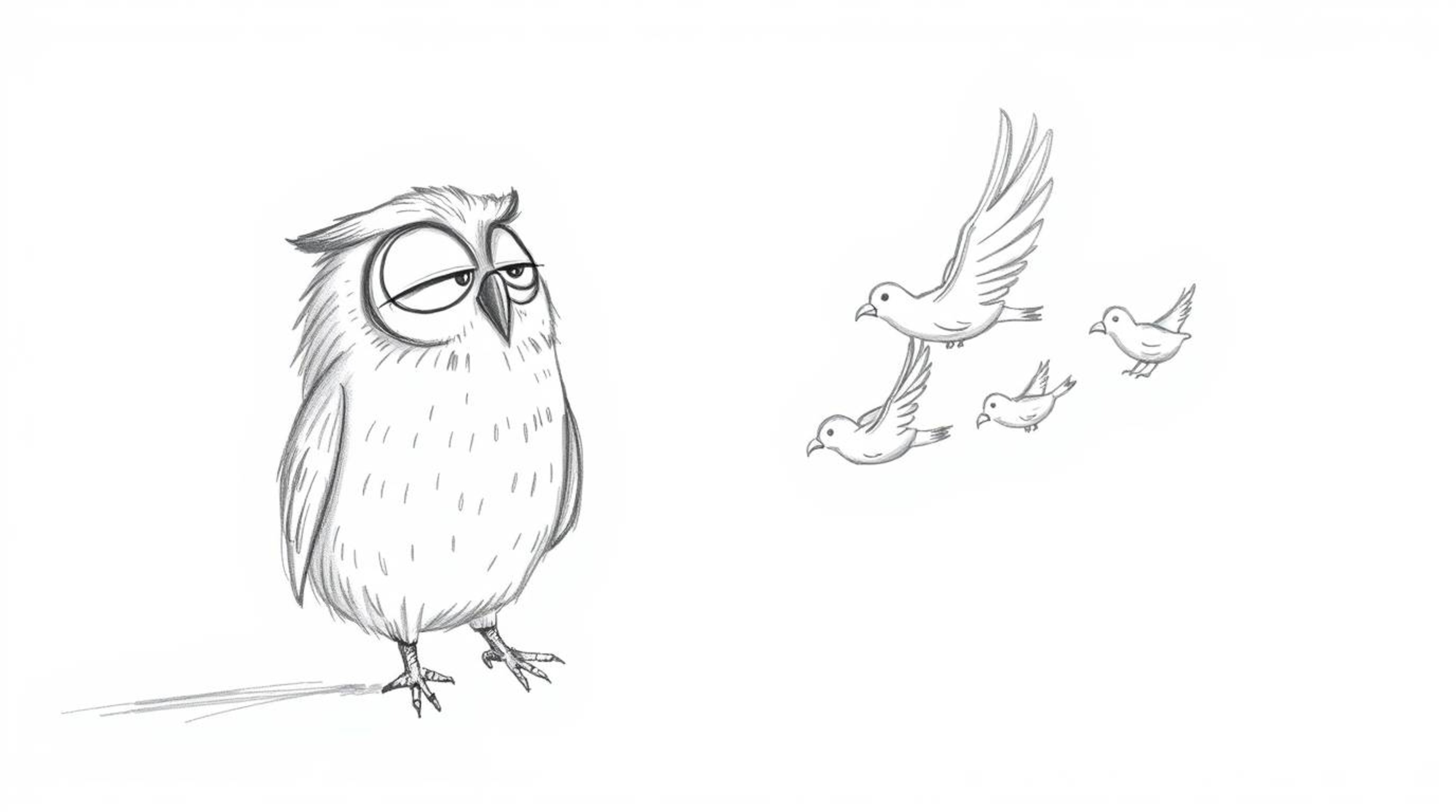 A heartwarming hand-drawn sketch in the style of Pixar depicts a blind owl with gentle features patiently teaching several bi